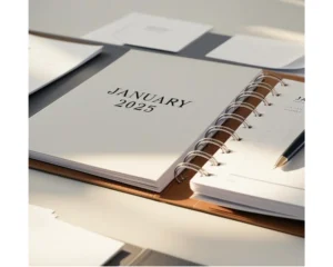 Agenda abierta por el mes de enero de 2025 y un bolígrafo, representando las fechas clave del calendario fiscal para autónomos y PYMEs.